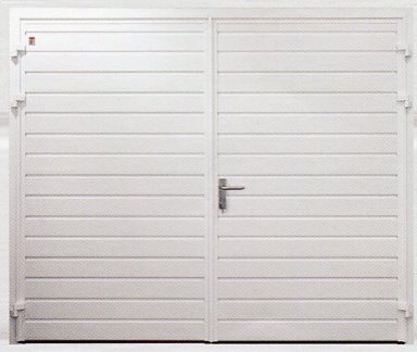 Picture of pair of Carteck Standard Rib Horizontal insulated side-hinged garage doors in White Woodgrain